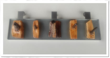 Metallschale  /  Gesammeltes Holz  /  Epoxidharz  /  Haken